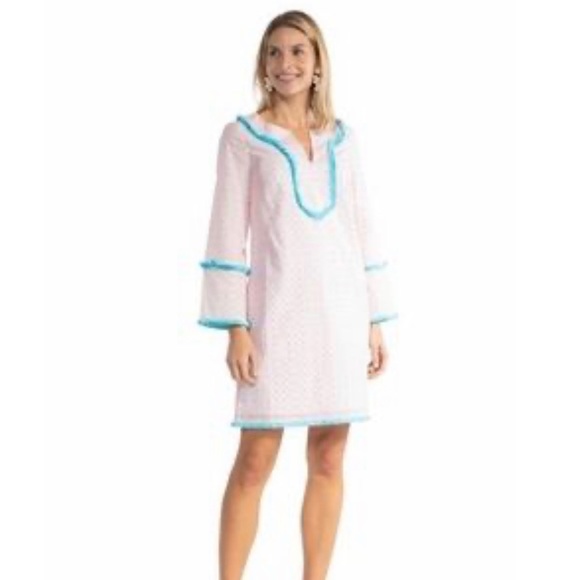 Sail to Sable White Neon Dot Fringe Boho Smock Dress M - Picture 1 of 7